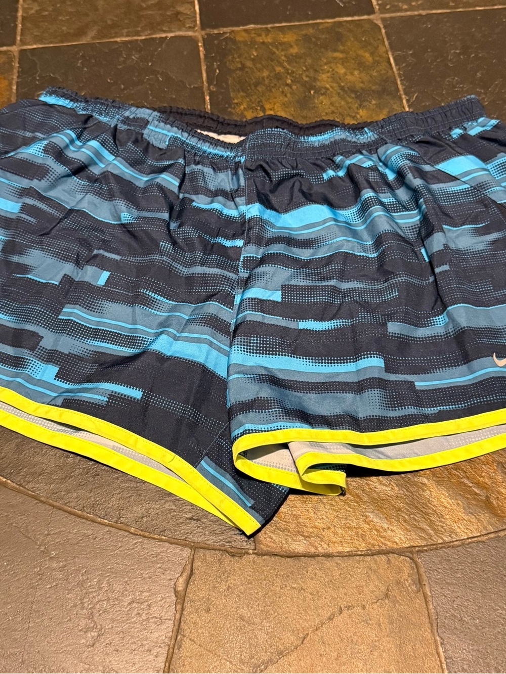 Nike Women's Navy and Bright Yellow Athletic Shorts - Striped Running Short
